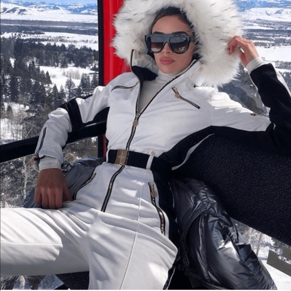 S - 2XL winter SNOWSUIT white album black stripe womens skisuit belted insulated - Picture 9 of 16